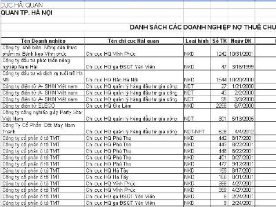 Danh sách doanh nghiệp thuế tại Hải quan Hà Nội có không ít tên tuổi lớn.